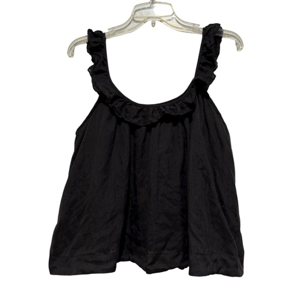 EVERY Linen Blend Lined Ruffle Trim Strap Black Boho Tank - Picture 5 of 11